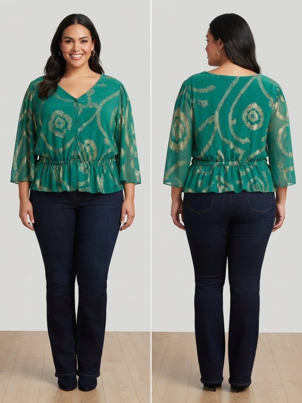 Tango Emerald Green & Gold Metallic Swirl Peplum Blouse Size 18